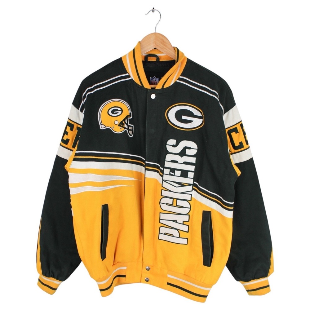 Green Bay Packers NFL Team Apparel Varsity Jacket Snap Front Green Gold Size S